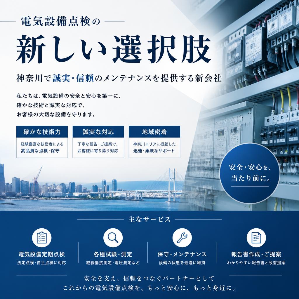 電気設備点検の新しい選択肢
神奈川で誠実・信頼のメンテナンスを提供する新会社